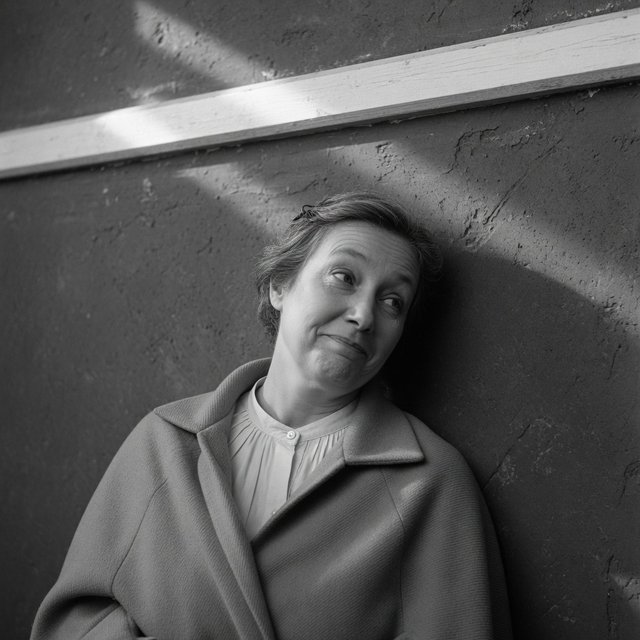 Under a narrow window beam, an adult woman in her late 50s wears a sculpted wool cape over a cotton blouse; her wry expression rests against a charcoal plaster backdrop in a black-and-white portrait, shaped by soft angled light. — Grok Imagine Image Quality