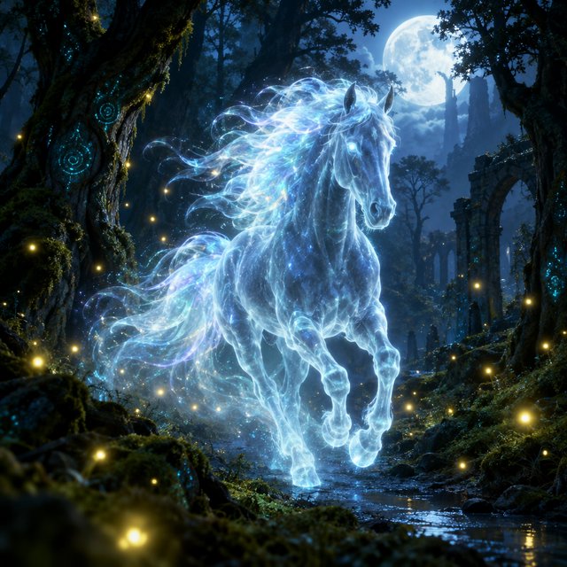 A majestic horse with a spectral mane and tail gallops through an enchanted, moonlit forest. Glimmering fireflies illuminate the path, casting an ethereal glow on ancient trees. The horse appears translucent, as if it's a phantom from another realm. The style is digital art, with surrealism and cinematic lighting to enhance the mysterious atmosphere — GPT Image 2.5 Flare