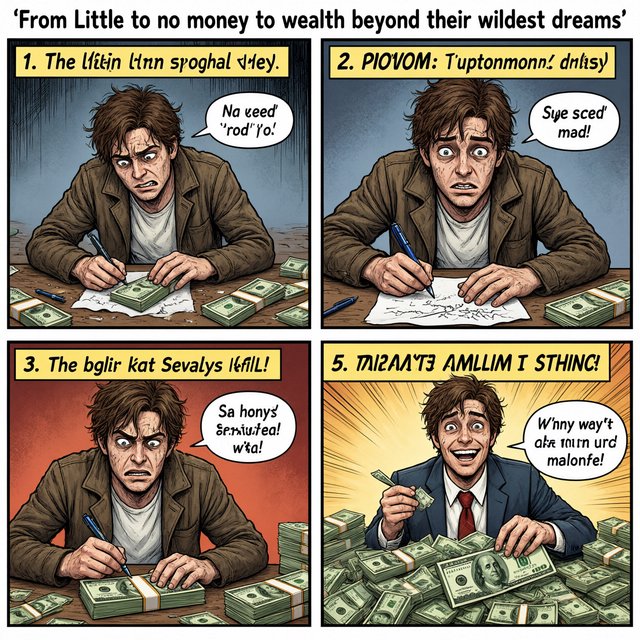 Realistic comic. At least 4 panels. It showcases 5 years of someone's life, from the first year, when they struggled to make money, to the fifth year, when they are worth millions to billions of dollars. Make sure money is seen at least once in the image. At the top, it says "From Little to no money to wealth beyond their wildest dreams". — Qwen Image 3.0 Pro