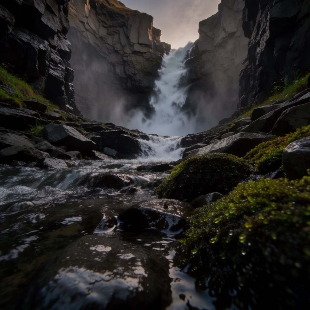 After a passing squall, a waterfall drops through a narrow basalt gorge at dusk, its white plume breaking against dark ledges; rain-beaded moss and sharp foreground stones lead toward cliffs fading behind drifting spray. — Krea 2 Medium
