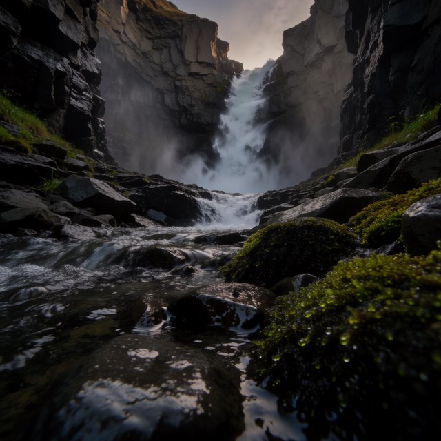 After a passing squall, a waterfall drops through a narrow basalt gorge at dusk, its white plume breaking against dark ledges; rain-beaded moss and sharp foreground stones lead toward cliffs fading behind drifting spray. — Krea 2 Medium