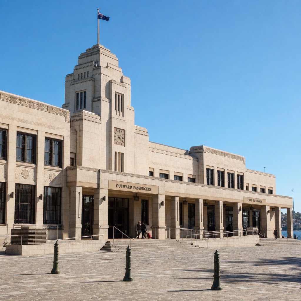 Exterior of a coastal Art Deco ferry terminal, cream limestone, dark bronze window frames, stepped geometric tower and sheltered arcade, late-morning sunlight casting sharp shadows, viewed from across a windswept stone forecourt, realistic architectural photography with precise lines and plausible structure. — GPT Image 2