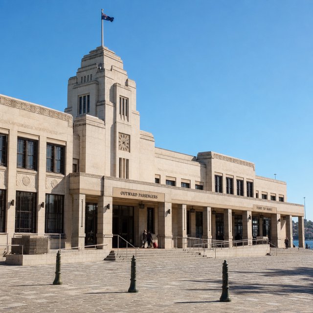 Exterior of a coastal Art Deco ferry terminal, cream limestone, dark bronze window frames, stepped geometric tower and sheltered arcade, late-morning sunlight casting sharp shadows, viewed from across a windswept stone forecourt, realistic architectural photography with precise lines and plausible structure. — GPT Image 2