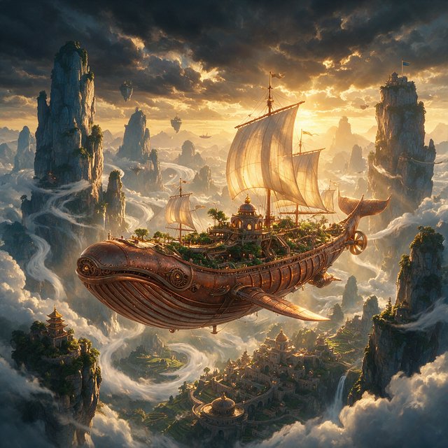 A vast, whale-shaped sky barge sails between mountain spires, its copper ribs supporting gardens and glowing sailcloth. Below, cloud rivers curl around tiny cliff villages as sunset pours through storm breaks, outlining the vessel in molten gold. — Seedream 5.0 Pro