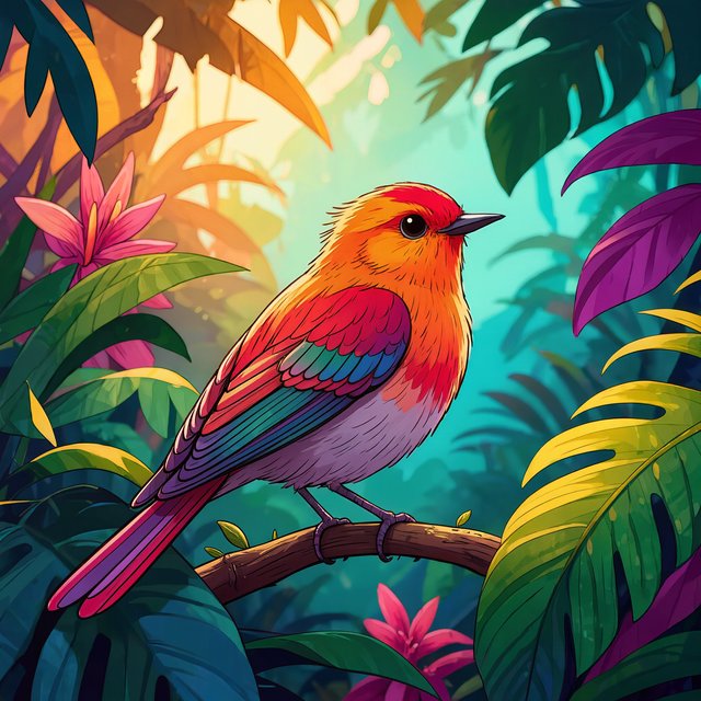 Create a vibrant digital artwork with clean lines depicting a small, colorful bird in the jungle. Combine rich, warm tones—such as soft orange, bold red, and dynamic yellow—with cool colors like brilliant blue, emerald green, and radiant violet. The atmosphere should feel fairytale-like, enhanced by striking lighting that underscores the scene's magic. Use bright, bold colors harmoniously to create a balanced composition. The overall style should be imaginative and captivating, transporting the viewer to another world. — Kling v3