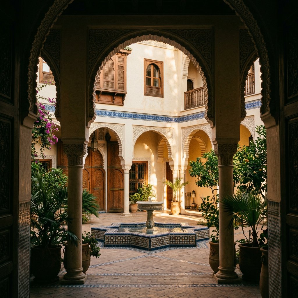 From a shaded courtyard entrance, Moorish Revival residences enclose a tiled fountain court, with cream stucco, carved cedar doors, and blue ceramic bands; late sunlight filters through arcades, revealing aligned walls and credible supports. — Nano Banana 2.1