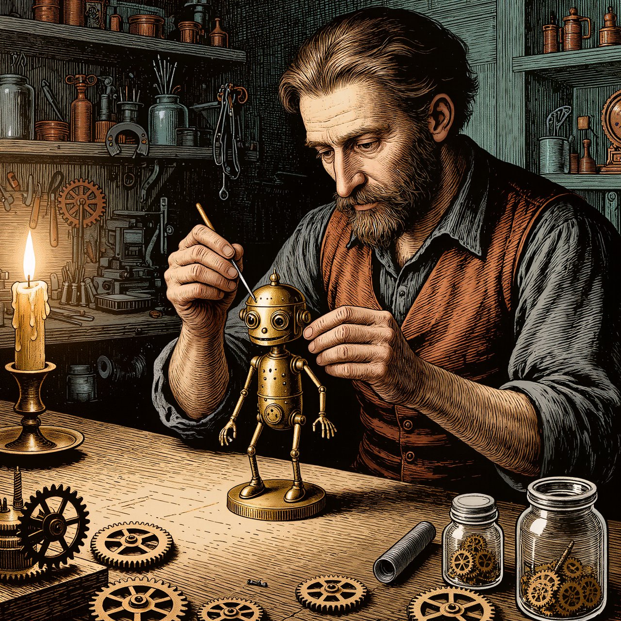 Engraved ink illustration of an adult clockmaker assembling a whimsical brass automaton in a candlelit workshop, with gears, springs, and glass jars surrounding the bench. Palette of charcoal, copper, teal, and honey yellow, with crisp crosshatching and warm shadows. — Kling v3