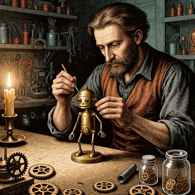 Engraved ink illustration of an adult clockmaker assembling a whimsical brass automaton in a candlelit workshop, with gears, springs, and glass jars surrounding the bench. Palette of charcoal, copper, teal, and honey yellow, with crisp crosshatching and warm shadows. — Kling v3