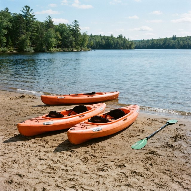 Exactly three orange kayaks rest on a sandy shore: two side by side in the foreground and one behind them near the water. A green paddle lies to the right of the kayaks, nothing else. — Nano Banana 2 Lite