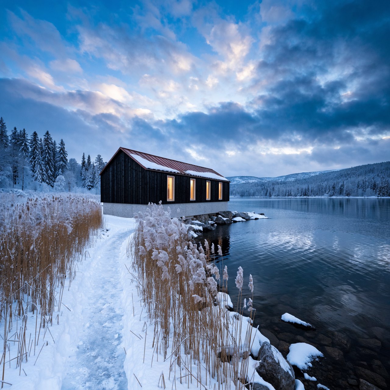 Exterior of a Scandinavian modernist lakeside sauna pavilion, blackened timber cladding, pale granite plinth, copper roof, winter blue-hour light glowing through narrow windows, viewed from a snowy reed-lined path, straight structural geometry and plausible construction. — Recraft v4 Pro