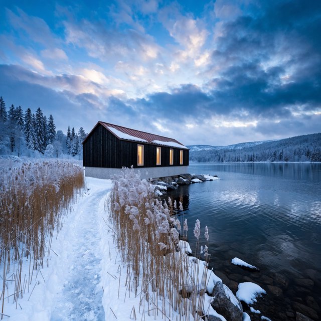Exterior of a Scandinavian modernist lakeside sauna pavilion, blackened timber cladding, pale granite plinth, copper roof, winter blue-hour light glowing through narrow windows, viewed from a snowy reed-lined path, straight structural geometry and plausible construction. — Recraft v4 Pro