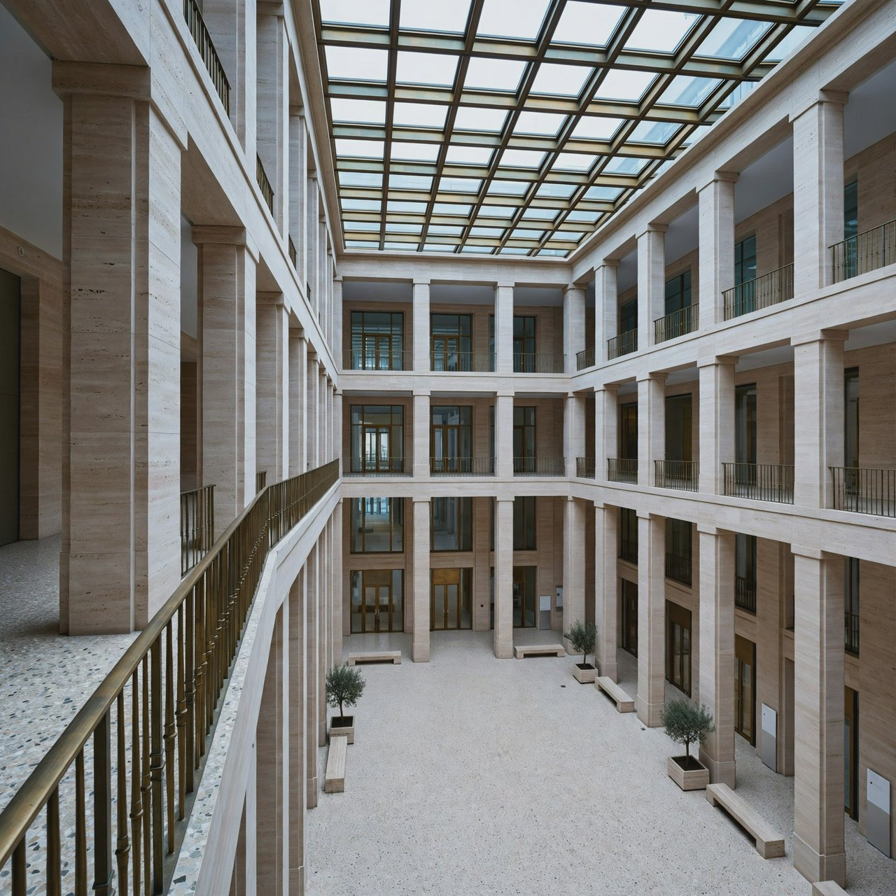 A soaring civic atrium in contemporary Italian Rationalist style pairs pale travertine, bronze mullions, and terrazzo beneath a glazed roof; cool morning light falls from above, viewed from a mezzanine, with aligned bays and credible supports. — Muse Image 1.0
