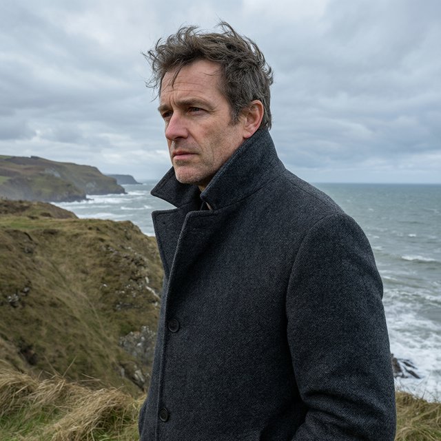 Wind lifts the hem of a charcoal wool coat as an adult man in his late 40s keeps a pensive gaze. The portrait frames him against a windswept coastal bluff beneath cool, cloud-filtered daylight. — Qwen Image 3.0 Pro