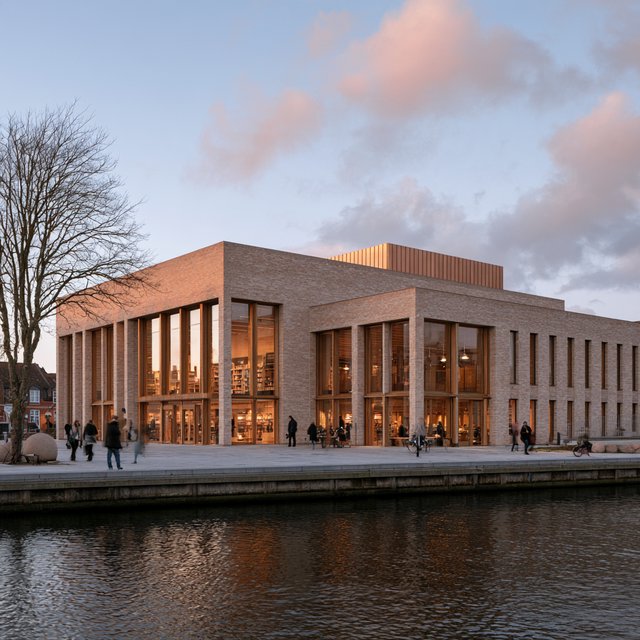 A riverside public library in contemporary Nordic brick architecture combines pale buff brick, oak-framed glazing, and a copper roof; cool morning light grazes its elevations, viewed from across the promenade, with straight lines and credible supports. — Model 13