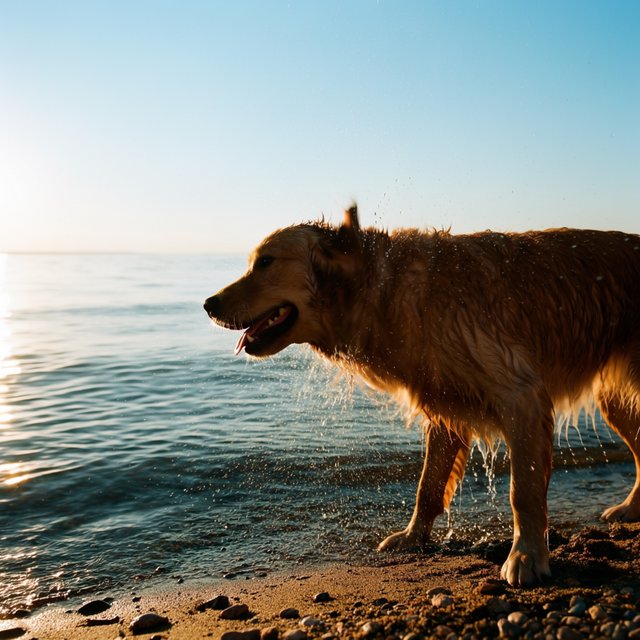 A wet golden retriever shaking off water on a lakeshore, droplets frozen mid-air, backlit by low sun, high shutter speed. — Krea 2 Large