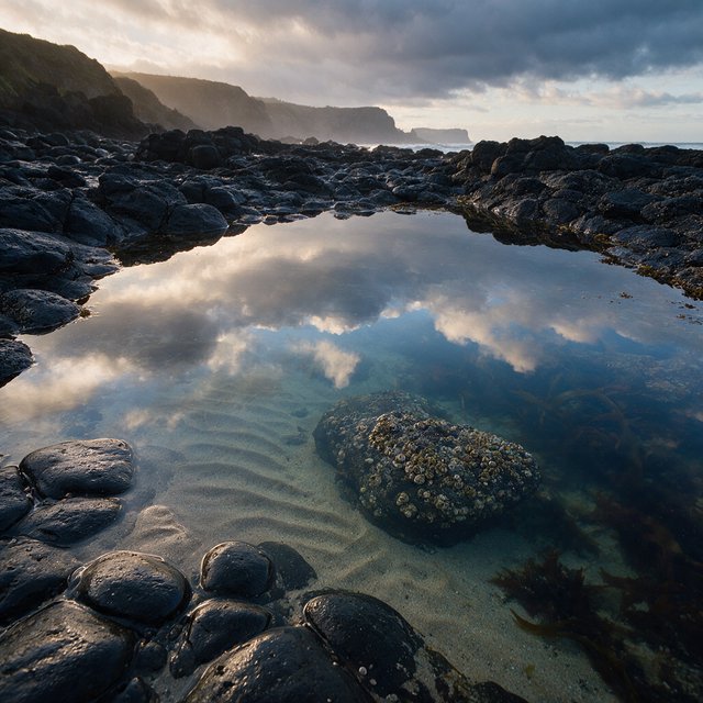 At dawn on a rugged basalt shore, a tide pool mirrors clearing rain clouds; translucent water reveals rippled sand, barnacle-crusted rock, and blurred kelp below the surface, with slick foreground stone leading toward hazy coastal cliffs. — Seedream 5.0 Pro