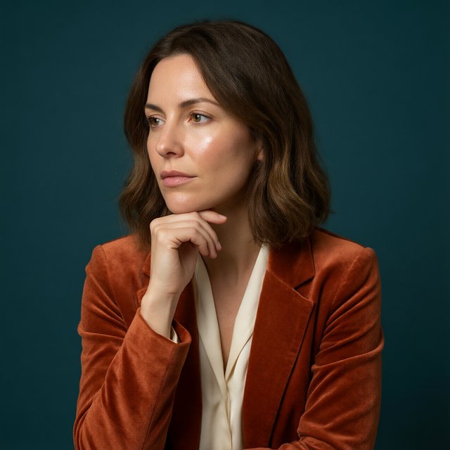 Portrait of an adult woman in her 30s wearing a rust-colored velvet jacket over an ivory blouse, one hand resting beneath her chin, thoughtful expression, deep teal studio backdrop, soft side lighting and gentle cheek highlights. — Qwen Image 3.0