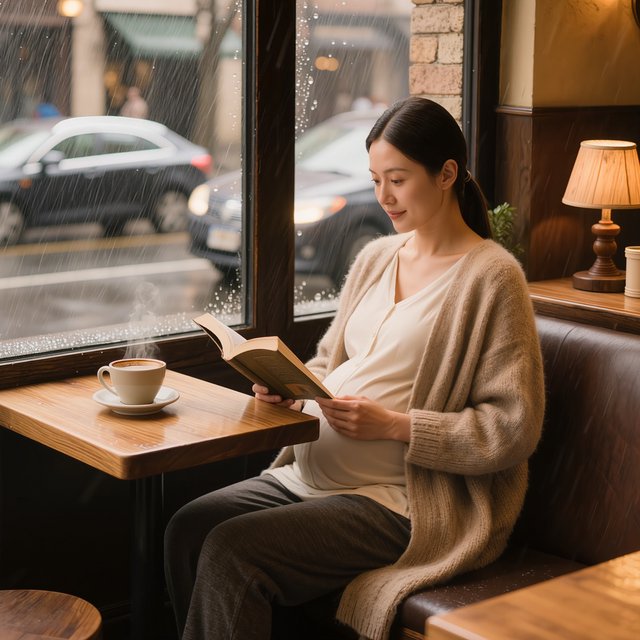 Photorealistic cinematic scene of a pregnant Chinese woman sitting in a cozy café by the window, reading a book. She appears calm, gentle, and thoughtful, with one hand resting naturally near her belly. On the table beside her is a cup of coffee, softly steaming. Outside the large window, heavy rain pours down, with streaks of water on the glass and a blurred rainy street beyond. The café interior is warm and inviting, with soft ambient lighting, wooden textures, and a peaceful atmosphere that contrasts with the storm outside. The composition should feel intimate, emotional, and serene, with the woman as the clear focal point. — Kling v3
