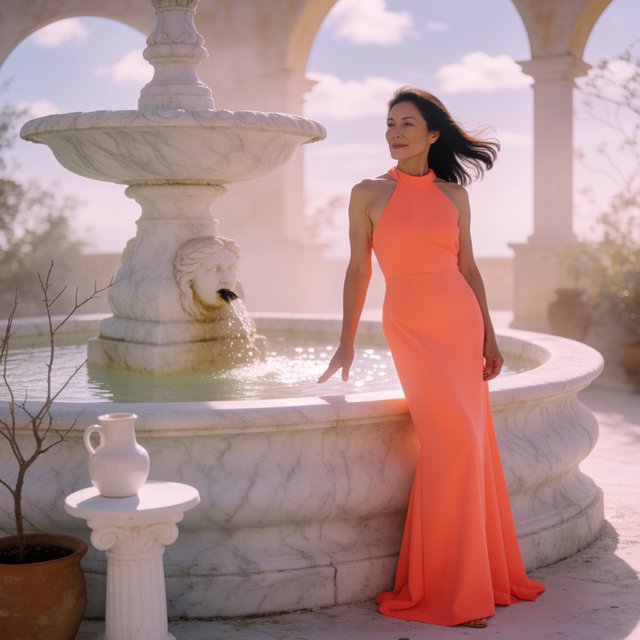 Editorial glamour photograph of one adult woman in a coral halter evening dress, standing naturally beside a marble fountain in a Mediterranean courtyard, flattering late-afternoon light, soft shadows, wind-swept hair, serene expression, sophisticated fashion-magazine atmosphere. — Krea 2 Medium
