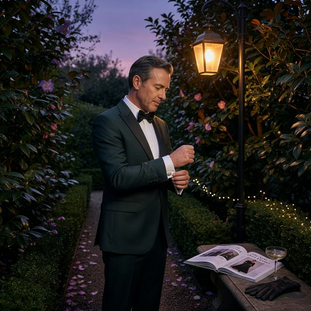 Along a garden path at violet dusk, an adult man in a midnight-green dinner suit adjusts one cuff beneath warm lantern glow, caught in a quiet pre-event pause with glossy leaves and elegant magazine polish. — Grok Imagine Image Quality