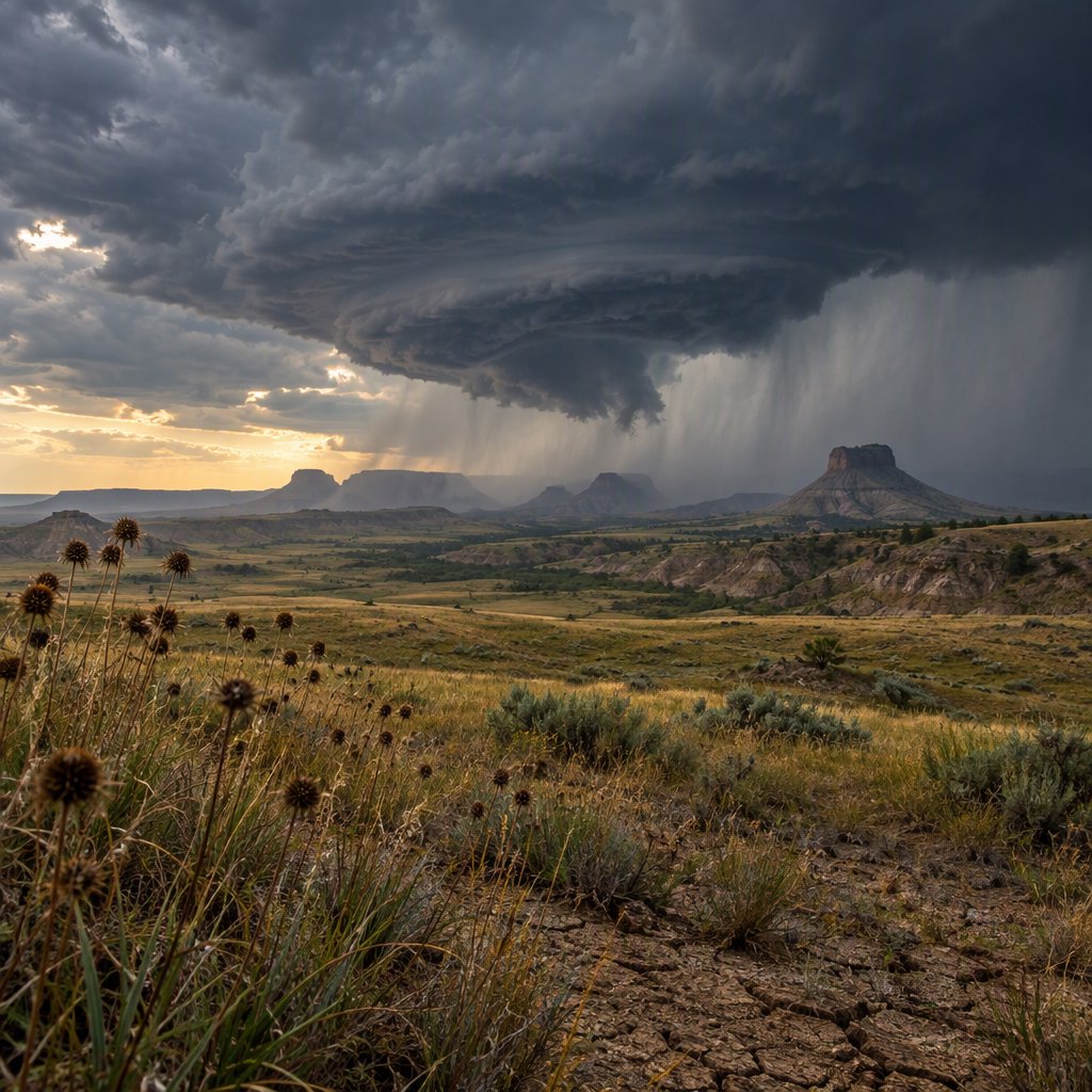 Across a tawny prairie basin, a rotating thunderstorm gathers in the late afternoon beneath bruised clouds, rain veiling distant buttes; seed heads and cracked earth in the foreground contrast with ridges softened by the advancing downpour. — GPT Image 2.5 Flare