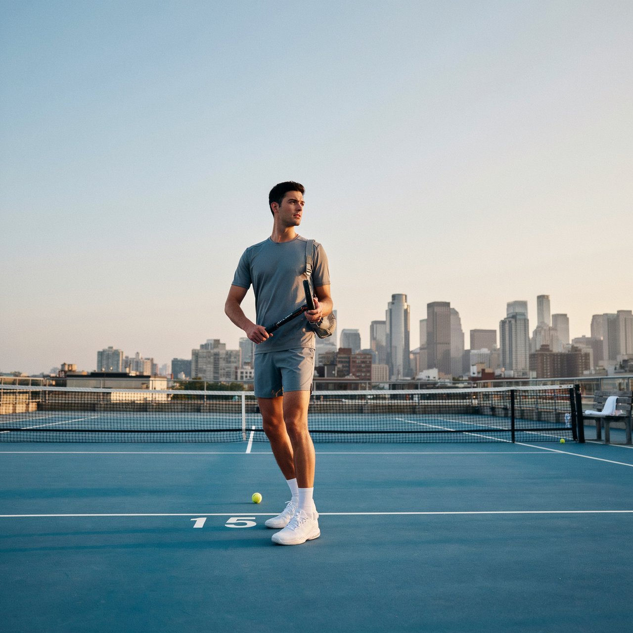 Editorial glamour photograph of an adult man in a slate-gray fitness set, pausing naturally beside a rooftop tennis court at sunrise, soft flattering light catching his focused expression and the city skyline beyond. — Ideogram v4