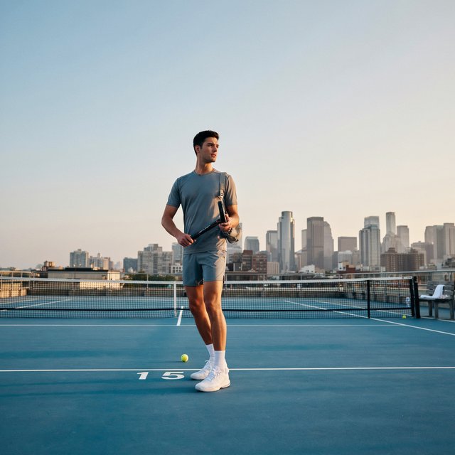 Editorial glamour photograph of an adult man in a slate-gray fitness set, pausing naturally beside a rooftop tennis court at sunrise, soft flattering light catching his focused expression and the city skyline beyond. — Ideogram v4