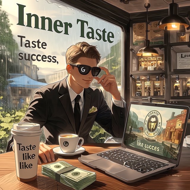 Realistic, a man wearing a black suit and cool shades with the word “G” on them, sitting near a table in a friendly coffee shop with the words “Inner Taste” displayed in the shop, coffee on the table, a coffee cup with the words “Taste like success,” a stack of money on the table, a high-end laptop displaying a successful trade, and rain pouring outside. The vibe is calm and chill. — Midjourney Niji 7