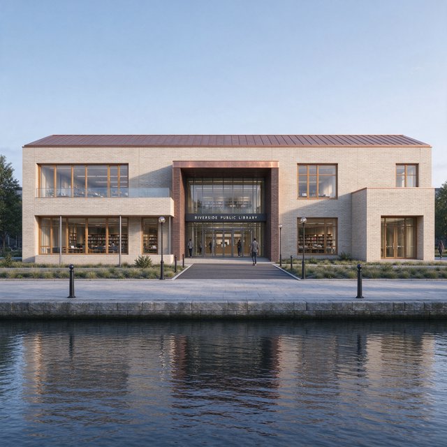 A riverside public library in contemporary Nordic brick architecture combines pale buff brick, oak-framed glazing, and a copper roof; cool morning light grazes its elevations, viewed from across the promenade, with straight lines and credible supports. — Model 19