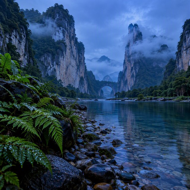 A limestone karst valley at blue hour after a light shower, towering pale cliffs rising above a clear river, low clouds snagging on pinnacles, slick ferns and rounded pebbles leading toward a distant stone arch. — GPT Image 2.5 Flare