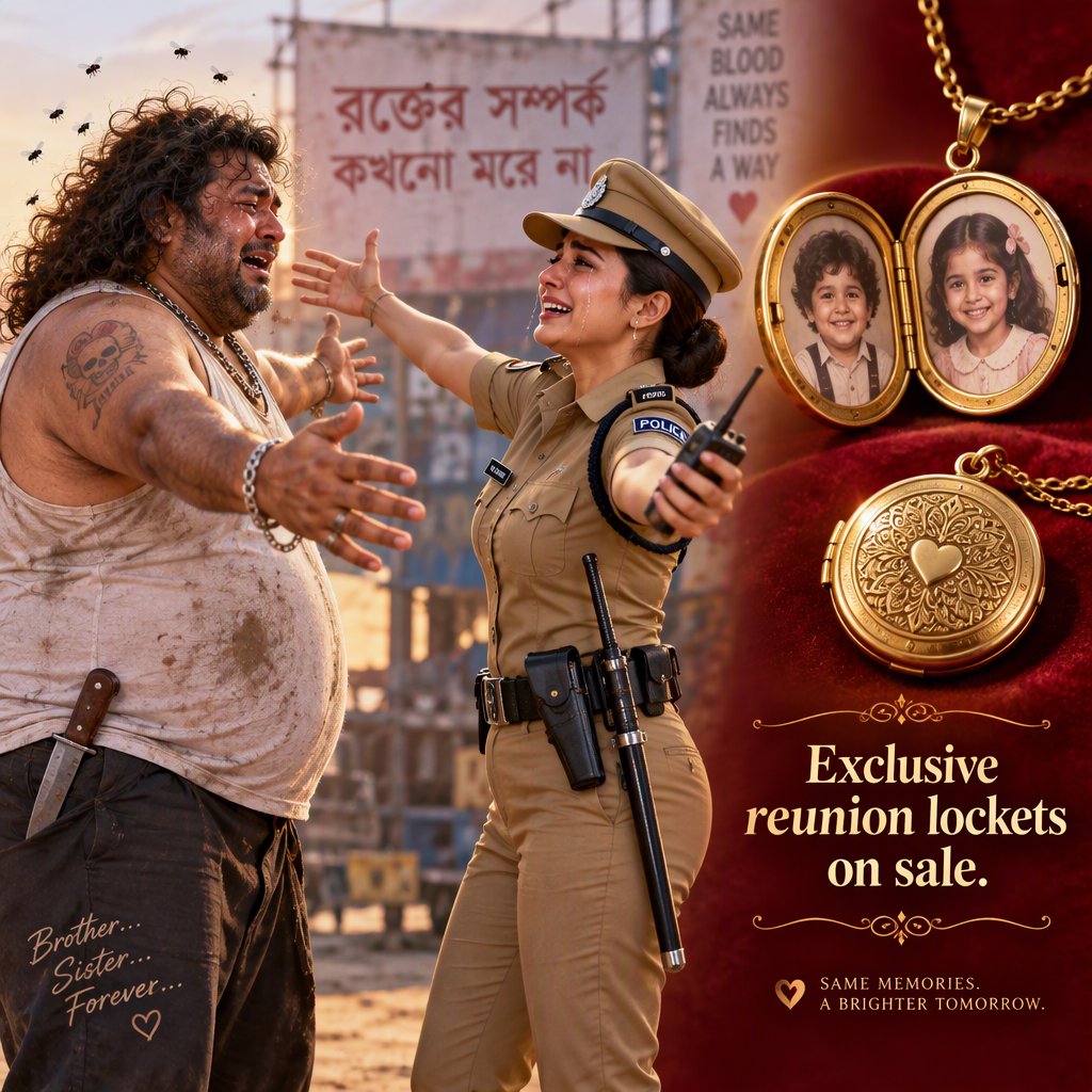 A reunion of long-lost brother and sister, as depicted in Bangladeshi films. The brother is now a thug, he is overweight, with badly cut, long, curly hair. He wears a sleeveless T-shirt. A large knife peeks out of his trousers. His arms open wide to hug his sister. He stinks. So a few flies hover around his head. His sister, typically the film heroine, and therefore very attractive. But she's a cop wearing a cap and body-fitting khaki police dress. A gun in her holster, a baton by her belt, plus a walkie talkie in her one hand. Her arms are also open wide to hug the brother. Both are tearful. They must be placed on one side of the image. On the other side of the image, we place some products from the film that we want to sell: A circular locket that is open like a book, with childhood pictures of the brother and the sister on two sides. Below this open locket, we show a closed locket. Add text: Exclusive reunion lockets on sale. — GPT Image 2.5 Sunburst