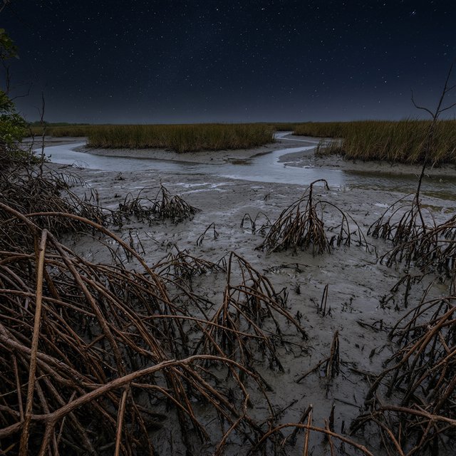 A mangrove delta spreads beneath a star-filled midnight sky after a humid shower; rain-beaded roots and fine silt ridges sharpen the foreground, while winding channels vanish among distant reed islands. — Model 18