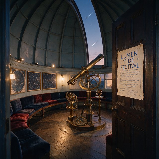 At a restored seaside observatory, a twilight meteor-watching event fills the domed hall with brass instruments, star charts, and velvet benches; "LUMEN TIDE FESTIVAL" is hand-printed in deep blue ink across a cream paper announcement beside the entrance. — Seedream 5.0 Pro