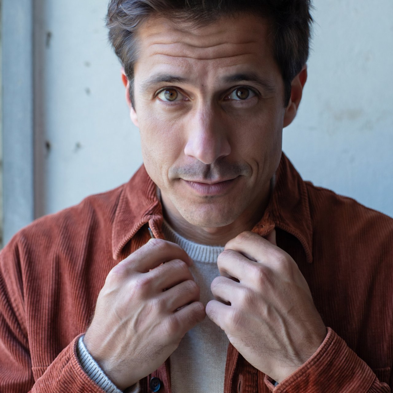 Portrait photograph of an adult man in his late 30s wearing a rust-colored corduroy overshirt over a cream knit, fingertips resting on its broad collar. His quietly curious gaze meets the camera against a pale blue plaster backdrop, softly lit by cool side-window light. — ImagineArt 2