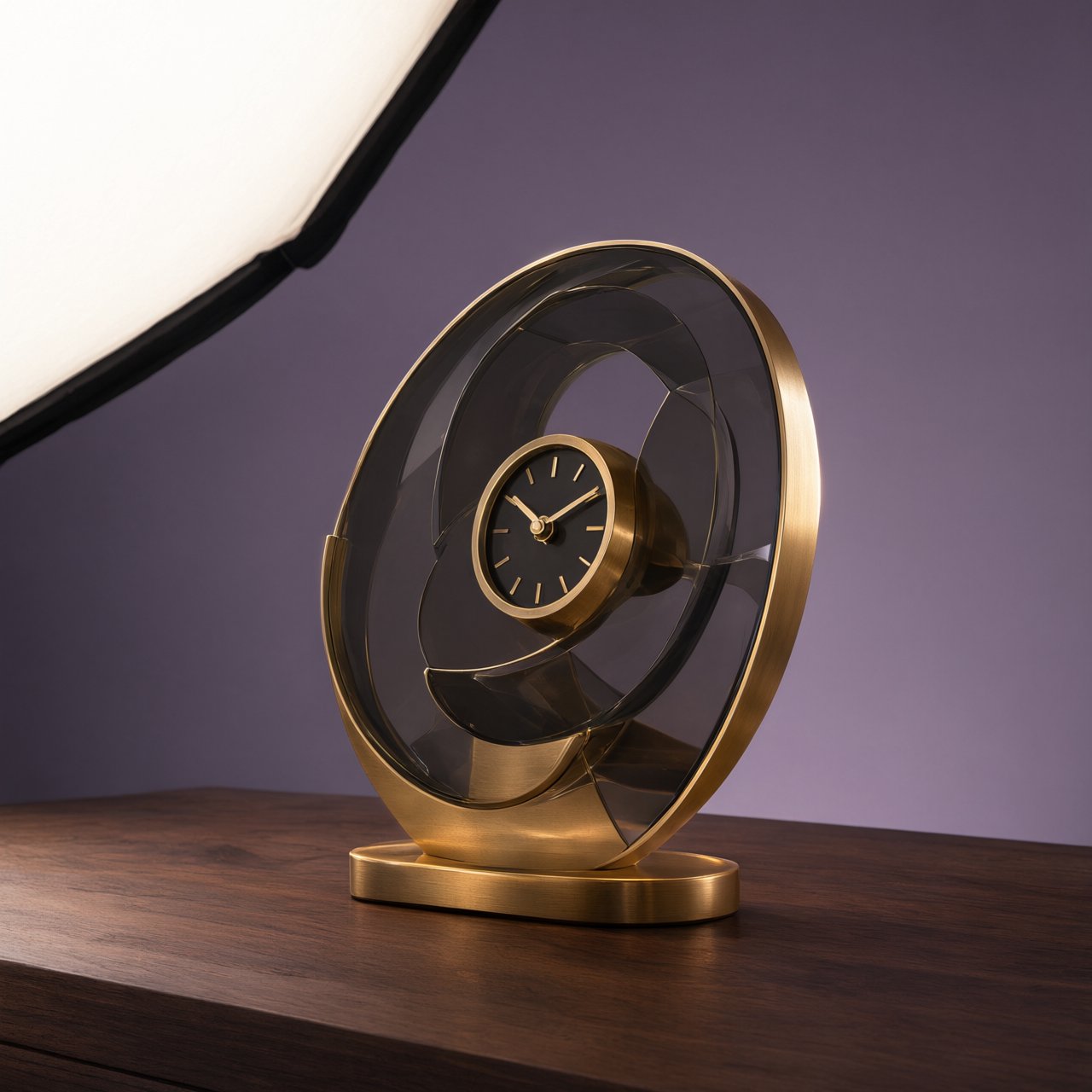 Commercial product photograph of an unbranded sculptural table clock made from satin brass and smoked glass, resting on a dark walnut surface against a muted lavender background, illuminated by a large diffused softbox from the upper left and a subtle rear rim light. — Qwen Image 3.0 Pro