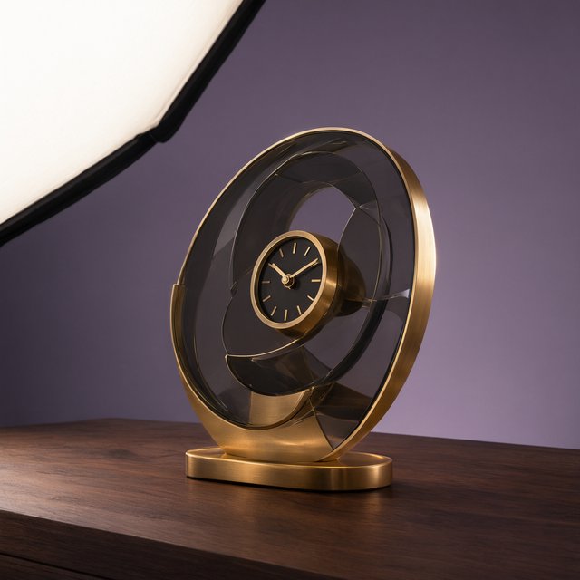 Commercial product photograph of an unbranded sculptural table clock made from satin brass and smoked glass, resting on a dark walnut surface against a muted lavender background, illuminated by a large diffused softbox from the upper left and a subtle rear rim light. — Qwen Image 3.0 Pro