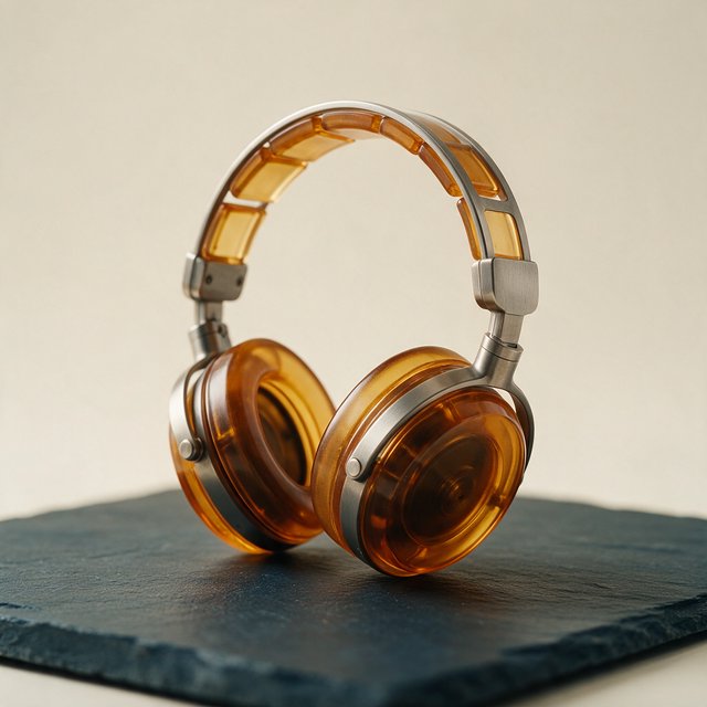 Commercial product photograph of unbranded over-ear headphones crafted from translucent amber resin and brushed titanium, resting on a dark slate surface against a muted cream background, lit by a broad diffused softbox and a delicate rim light. — Seedream 5.0 Pro