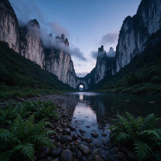 A limestone karst valley at blue hour after a light shower, towering pale cliffs rising above a clear river, low clouds snagging on pinnacles, slick ferns and rounded pebbles leading toward a distant stone arch. — Seedream 5.0 Pro