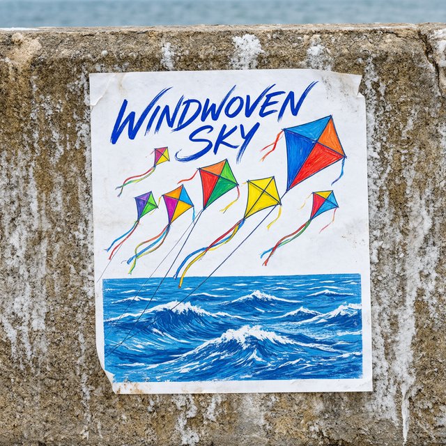 On a salt-stained seawall, a printed poster for a kite-making exhibition shows bright diamond kites sweeping above blue waves; “WINDWOVEN SKY” is screen-printed in sweeping cobalt script, with no other legible writing. — Model 18