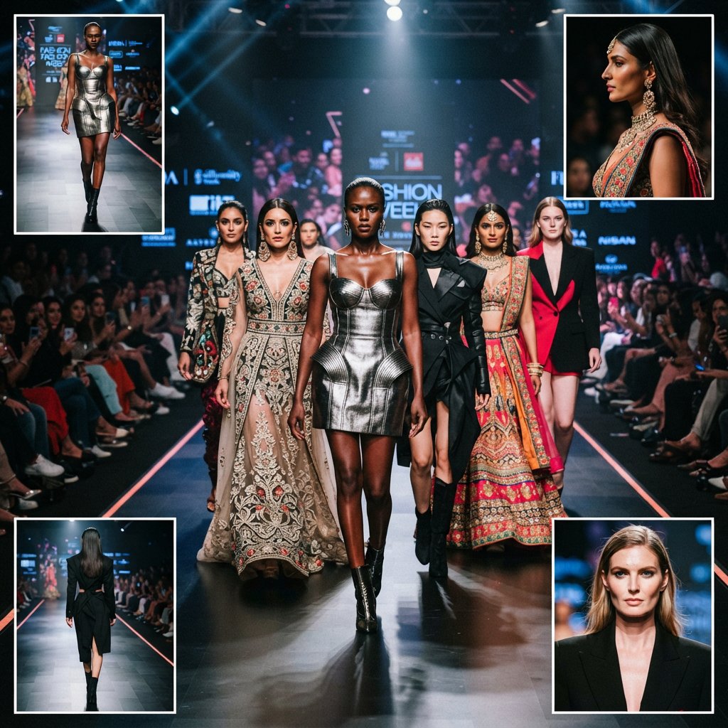Adult female fashion models on the runway. There are models of all races: white, Black, Asian, Mexican, Indian, mixed race, etc. The vibe is cool and fierce. Many angles. — Nano Banana 2 Lite