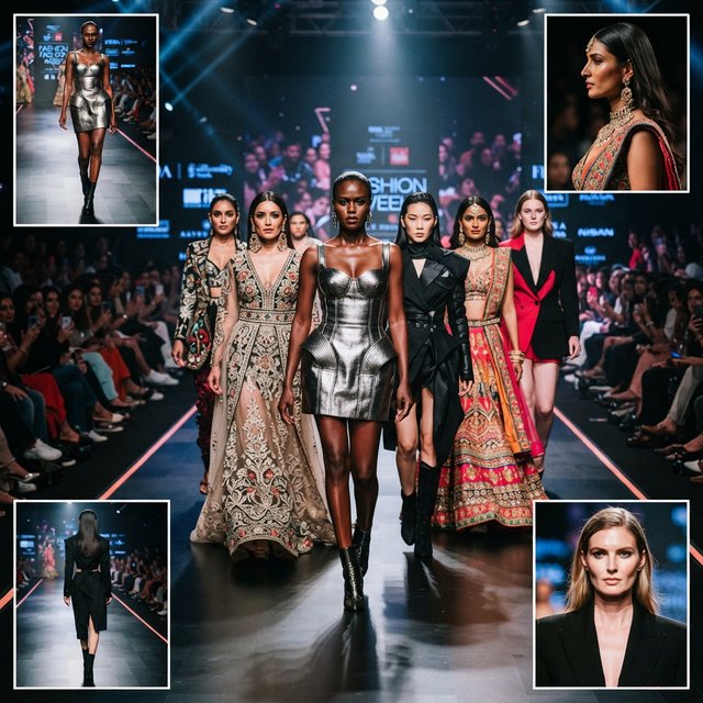 Adult female fashion models on the runway. There are models of all races: white, Black, Asian, Mexican, Indian, mixed race, etc. The vibe is cool and fierce. Many angles. — Nano Banana 2 Lite