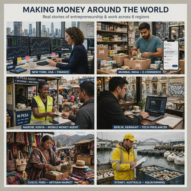 An image about people making a lot of money around the world, shown in 4–6 scenes. Realistic image. — Muse Image 1.0