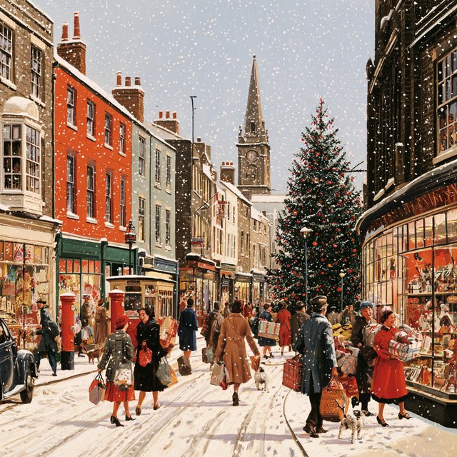 A UK High Street in the 1950s at Christmas time. The roads are covered in snow. The shop windows are decked out for Christmas and the happy adult shoppers are loaded up with gifts for loved ones. The mood is bright and Christmassy. — Model 13
