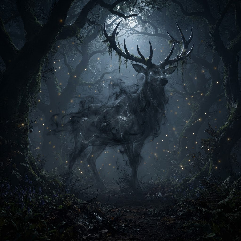 Low-angle wide shot, ancient overgrown oak forest at midnight: a colossal ghost stag looms, its semi-transparent form woven from swirling inky mist threaded with liquid silver moonlight. Polished obsidian antlers cut through shadow, jagged edges catching faint starlight, moss dangling from their points. Heavy hooves press into the loamy forest floor, wild bluebells and ferns curling black and crumbling to ash beneath each step. Hundreds of faint gold fireflies drift slowly through thick volumetric fog, their glows diffused in the haze. Deep indigo and charcoal color palette, somber quiet dread, atmospheric dark fantasy aesthetic, soft dappled moonlight filtering through a gnarled canopy, cinematic depth of field, sharp fine edges on the stag's antlers and decaying foliage. — Nano Banana 2 Lite