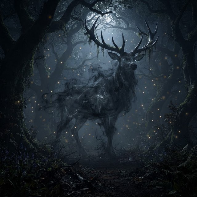 Low-angle wide shot, ancient overgrown oak forest at midnight: a colossal ghost stag looms, its semi-transparent form woven from swirling inky mist threaded with liquid silver moonlight. Polished obsidian antlers cut through shadow, jagged edges catching faint starlight, moss dangling from their points. Heavy hooves press into the loamy forest floor, wild bluebells and ferns curling black and crumbling to ash beneath each step. Hundreds of faint gold fireflies drift slowly through thick volumetric fog, their glows diffused in the haze. Deep indigo and charcoal color palette, somber quiet dread, atmospheric dark fantasy aesthetic, soft dappled moonlight filtering through a gnarled canopy, cinematic depth of field, sharp fine edges on the stag's antlers and decaying foliage. — Nano Banana 2 Lite