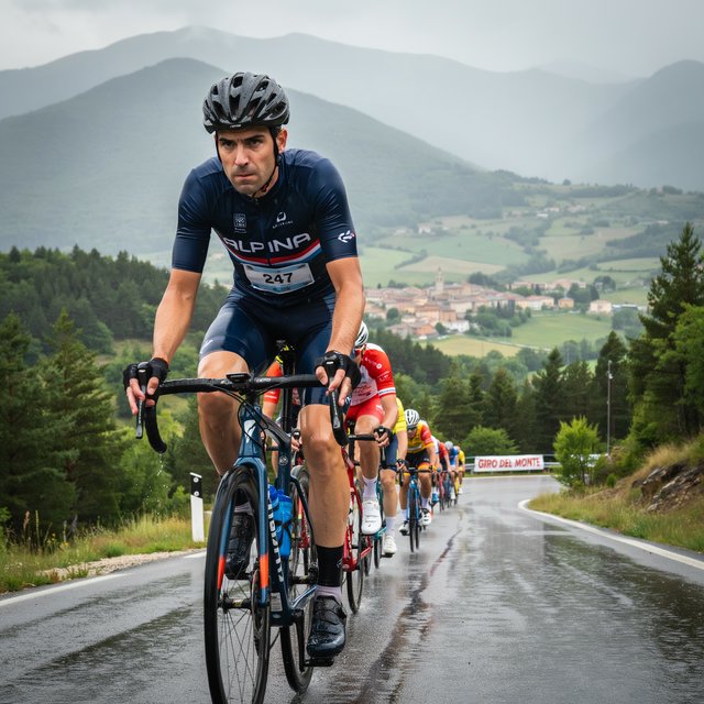 A frontal, close-up shot of a field of competitive cyclists ascending a mountain in the rain. In the background, we see a lush green valley with a small town. — Ideogram v4