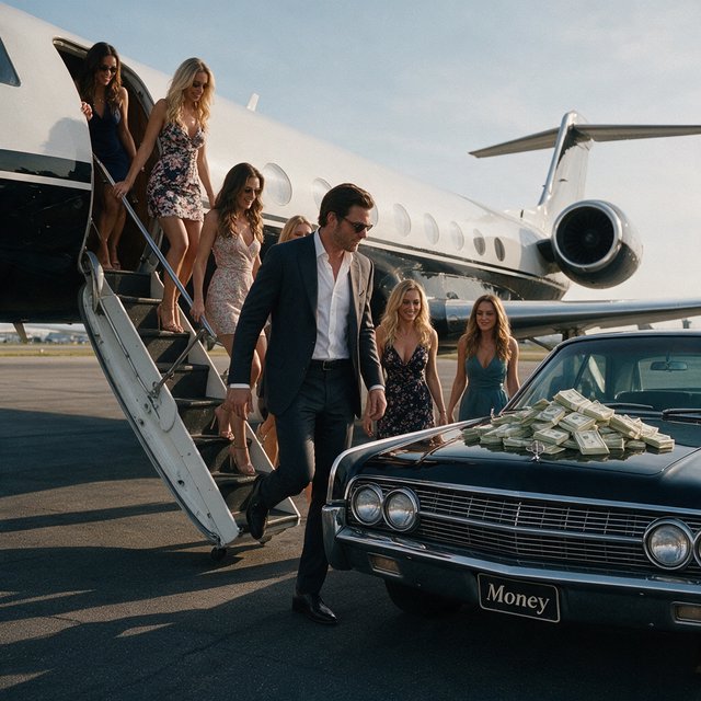 A man dressed in very nice formal clothes is getting off a private black-and-white plane. Many beautiful adult women in dresses are following the man. The man is heading toward a very high-end classic black car. The word "Money" is on the car's license plate. On top of the car is a ton of money. It is the afternoon. The vibe is cool and rich. — Seedream 5.0 Pro