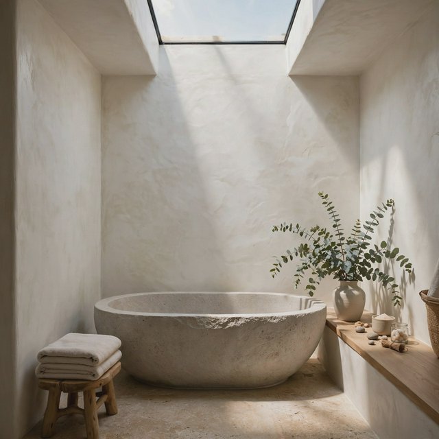 A spa bathroom with a stone tub, a skylight, plaster walls in warm white, eucalyptus in a vase, soft shadows. — Muse Image 1.0