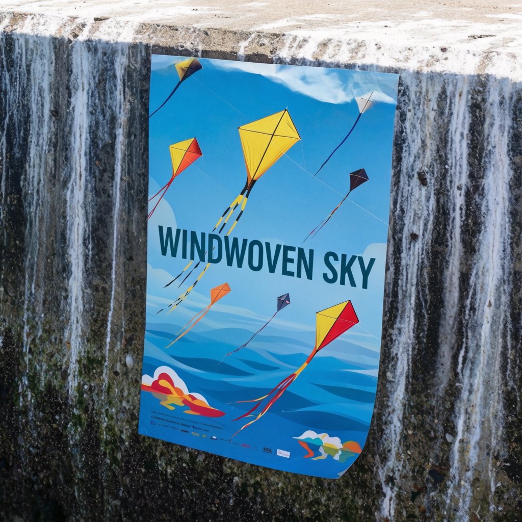 On a salt-stained seawall, a printed poster for a kite-making exhibition shows bright diamond kites sweeping above blue waves; “WINDWOVEN SKY” is screen-printed in sweeping cobalt script, with no other legible writing. — Krea 2 Large