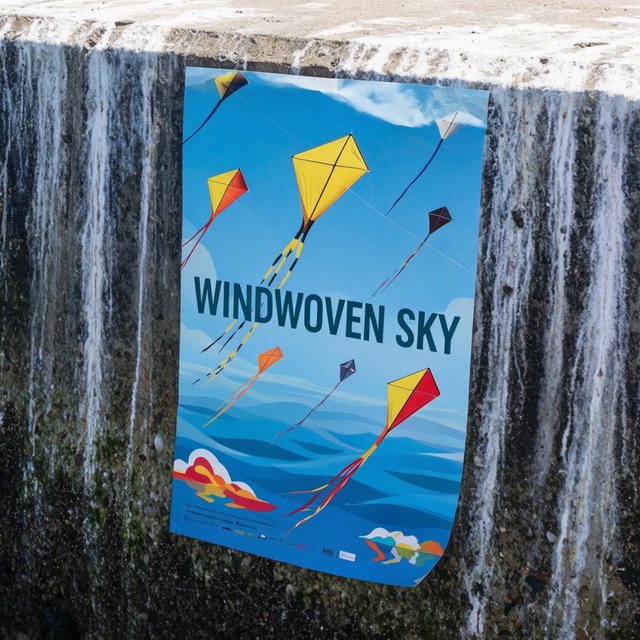 On a salt-stained seawall, a printed poster for a kite-making exhibition shows bright diamond kites sweeping above blue waves; “WINDWOVEN SKY” is screen-printed in sweeping cobalt script, with no other legible writing. — Model 11